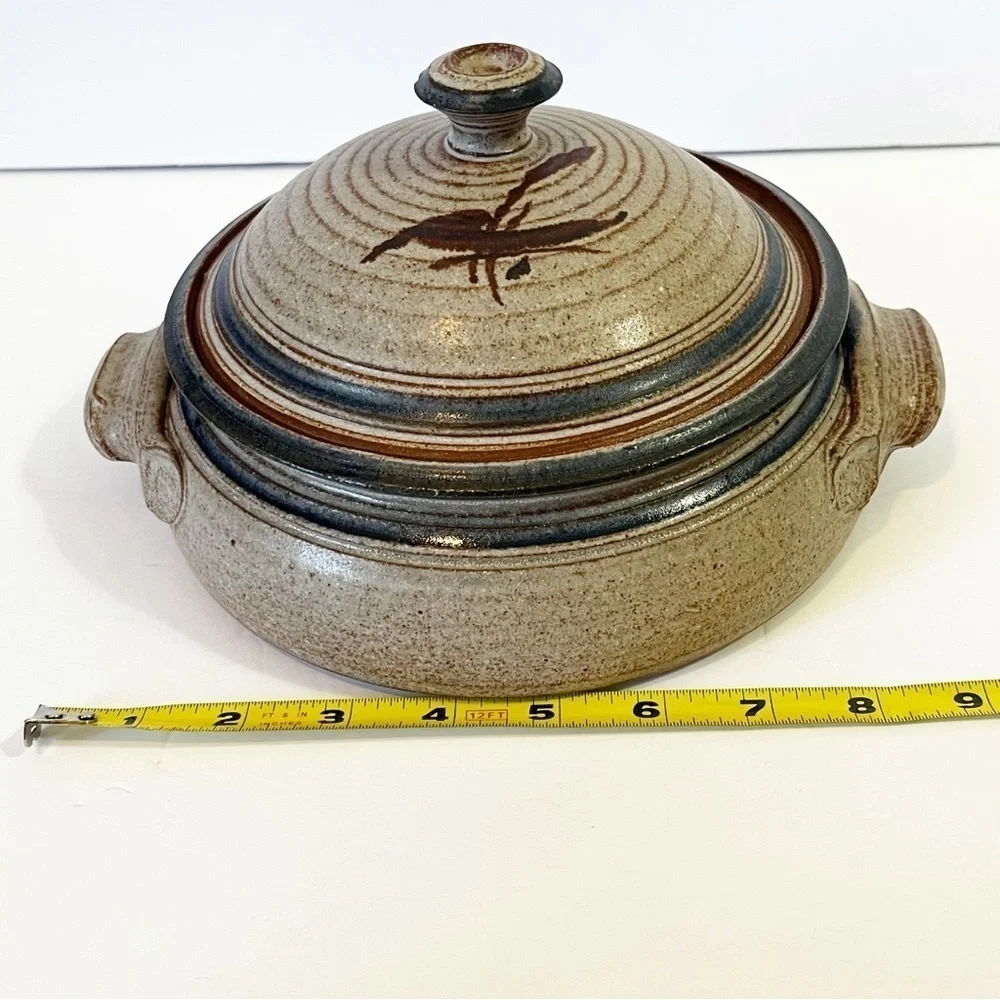 Studio Art Pottery Casserole Dish Lidded Stoneware Handles Handcrafted Signed
